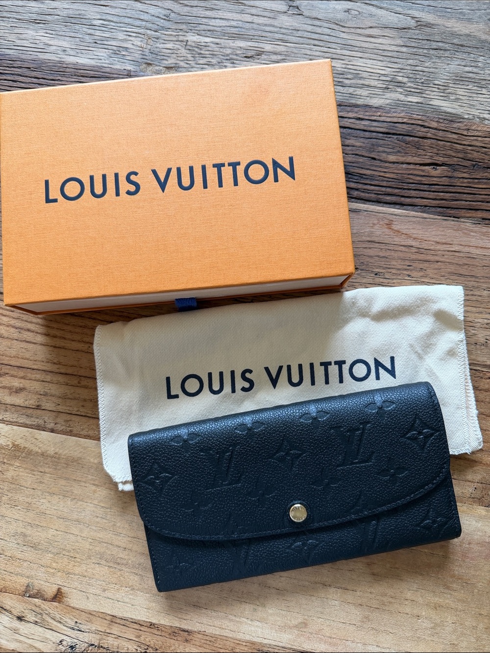 Louis Vuitton Black Monogram Emilie Embossed Flap Wallet with Gold Button
